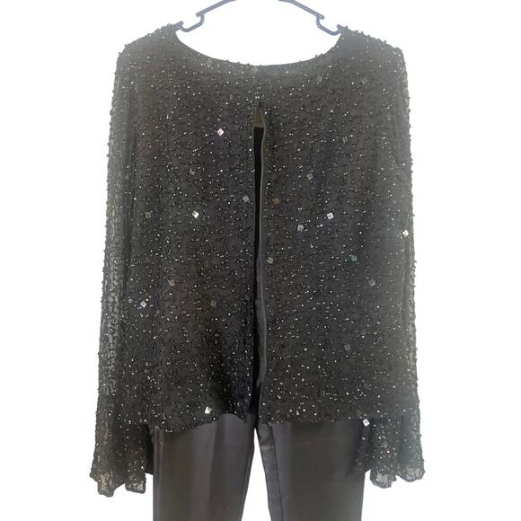 Papell Boutique Black Evening Beaded Long Sleeve Blouse Size Large - Picture 7 of 8